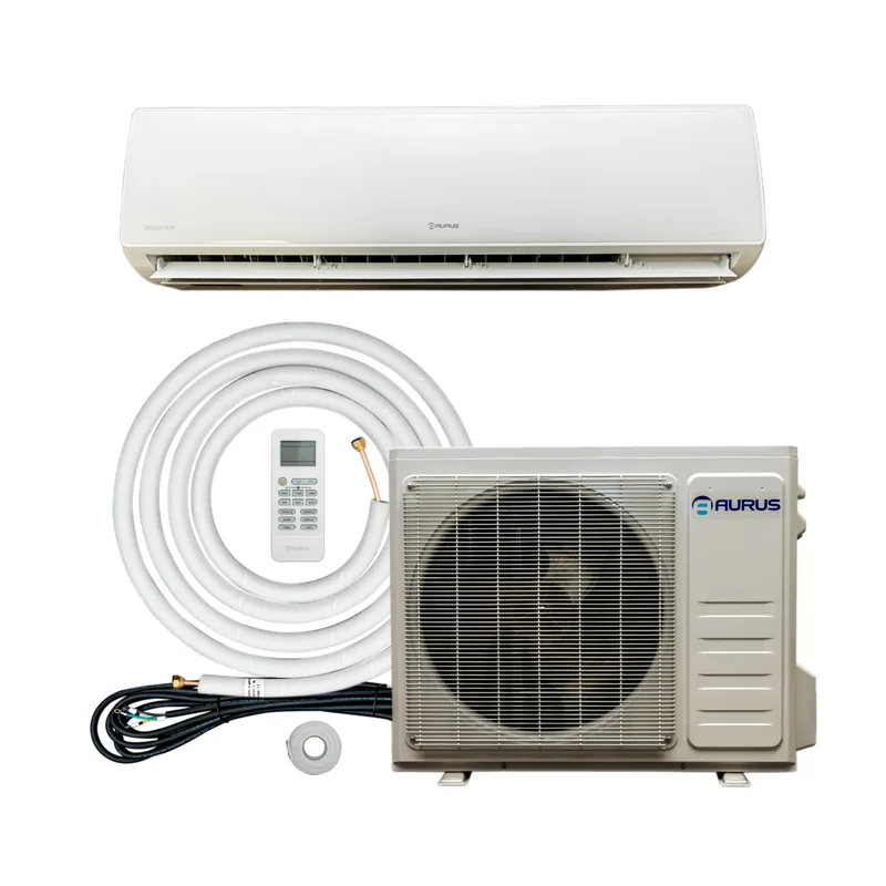 Aurus ductless mini-split system with indoor unit, outdoor condenser, remote and line set